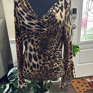 Leopard Print Cowl Neck Long Sleeve Top - Brown